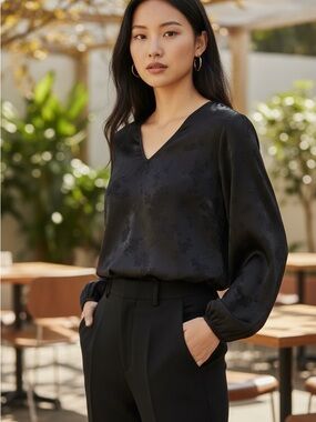 SHEIN Black V-Neck Satin Jacquard Blouse